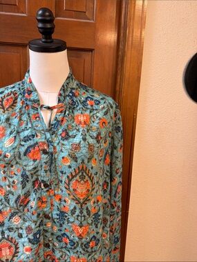 Peruvian Connection Teal Button-Down with Orange Floral Motif Size L